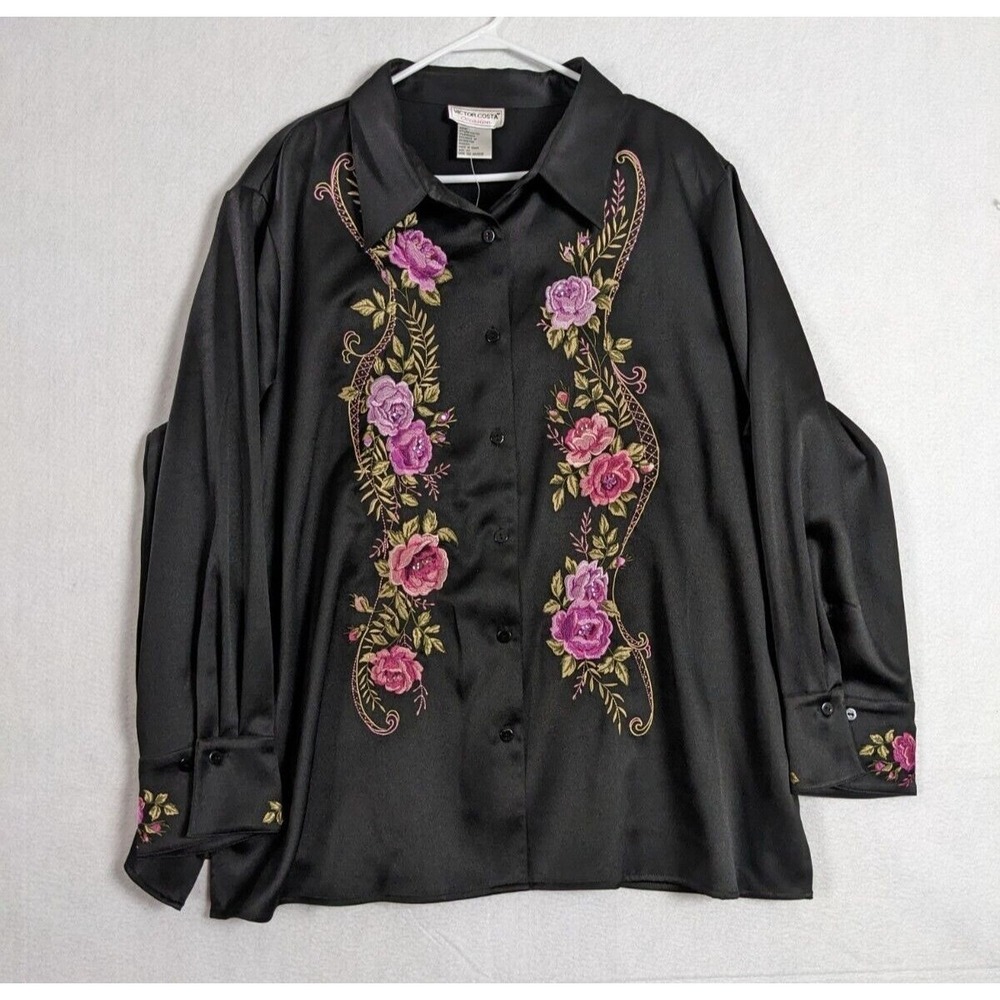 Victor Costa Occasion Womens Blouse Size 2X Top Purple Roses Sequins Long Sleeve